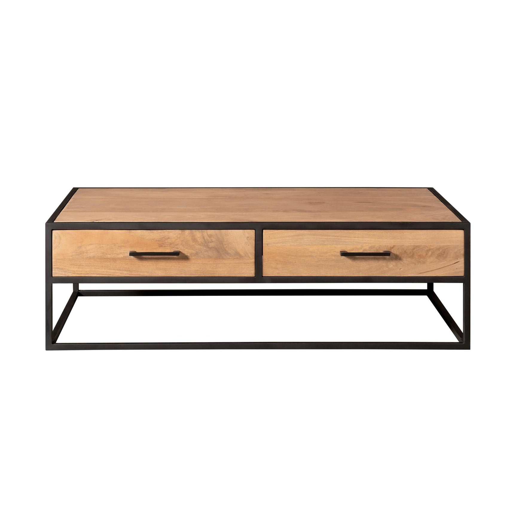 Salontafel met houten blad, twee lades en zwart metalen frame