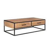 Salontafel met houten tafelblad en twee lades, schuin zijaanzicht