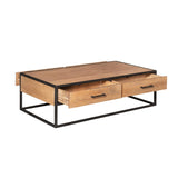 Salontafel met houten bovenblad, ladefront en zwart metalen onderstel