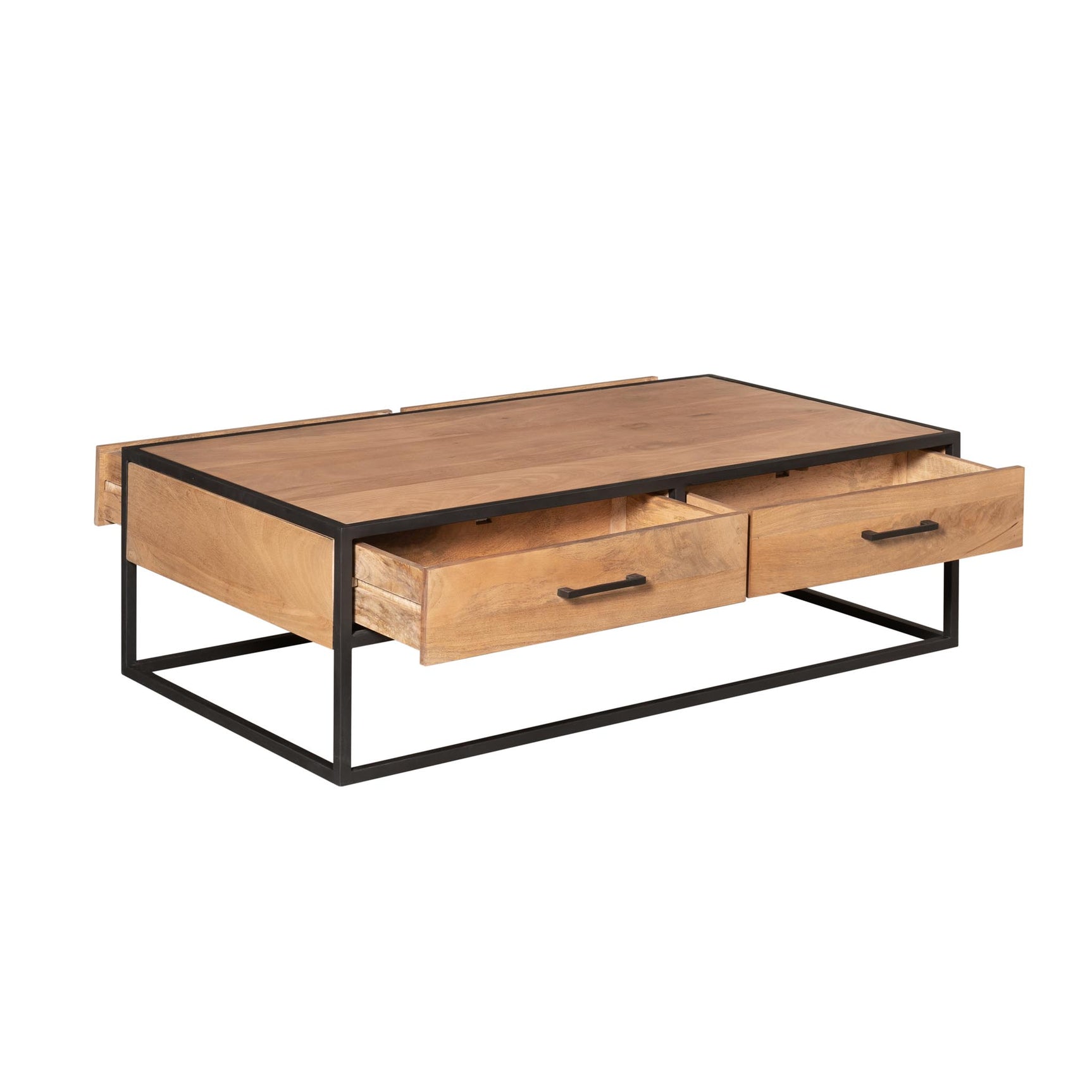 Salontafel met houten bovenblad, ladefront en zwart metalen onderstel