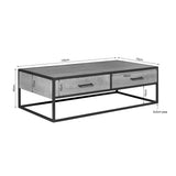 Salontafel met twee lades, houten blad en zwart metalen onderstel met maatvoering