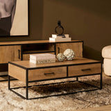 Salontafel met houten blad, twee lades en zwart metalen onderstel