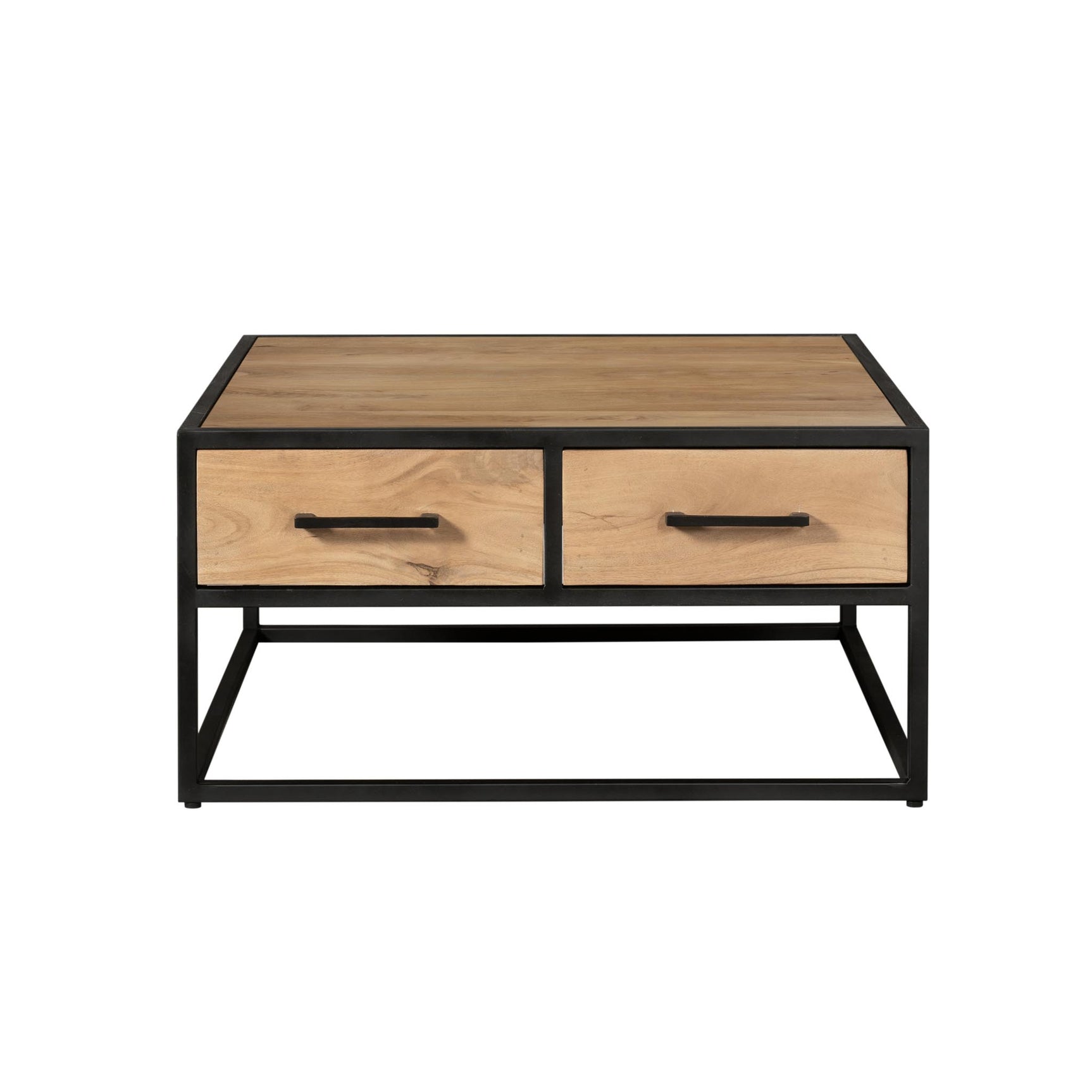 Salontafel met twee laden, zwart metalen frame en houten blad