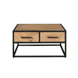 Salontafel met twee laden en rechthoekig houten blad, zwart metalen poten