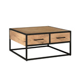 Salontafel met twee laden aan de zijkant, houten blad en zwart metalen onderstel