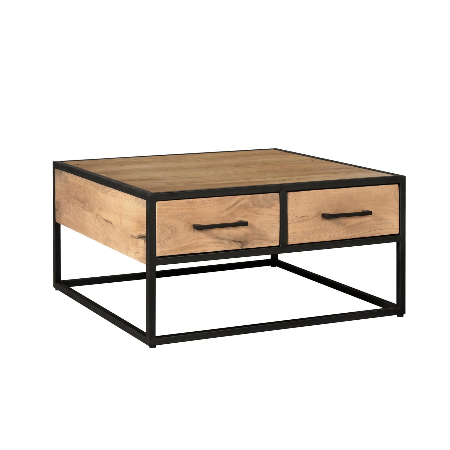 Salontafel met twee laden aan de zijkant, houten blad en zwart metalen onderstel
