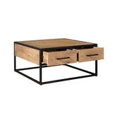 Salontafel met twee uitgeschoven laden, houten blad en zwart metalen frame