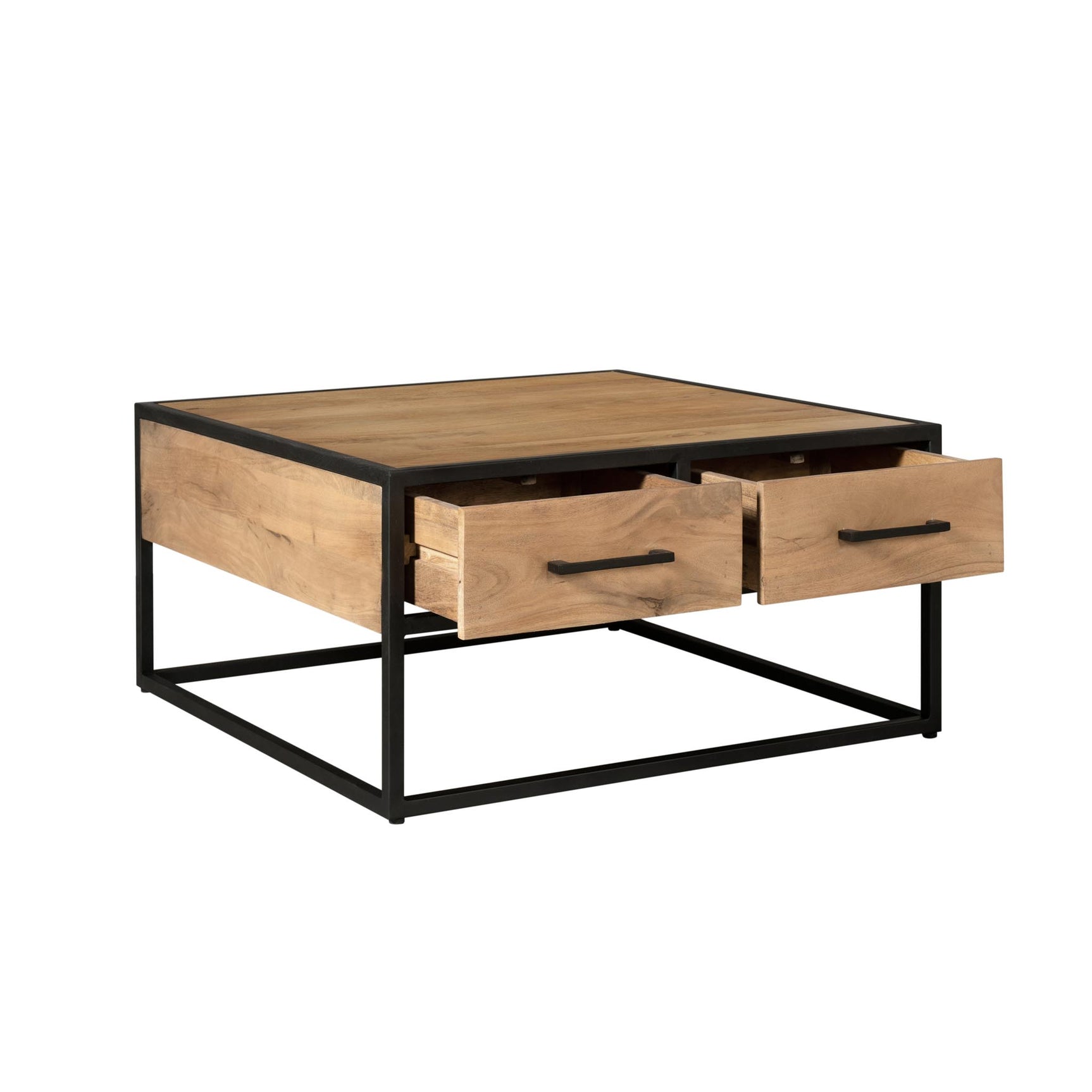 Salontafel met twee uitgeschoven laden, houten blad en zwart metalen frame