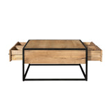 Salontafel met open zijvakken en twee laden, houten blad en zwart metalen onderstel