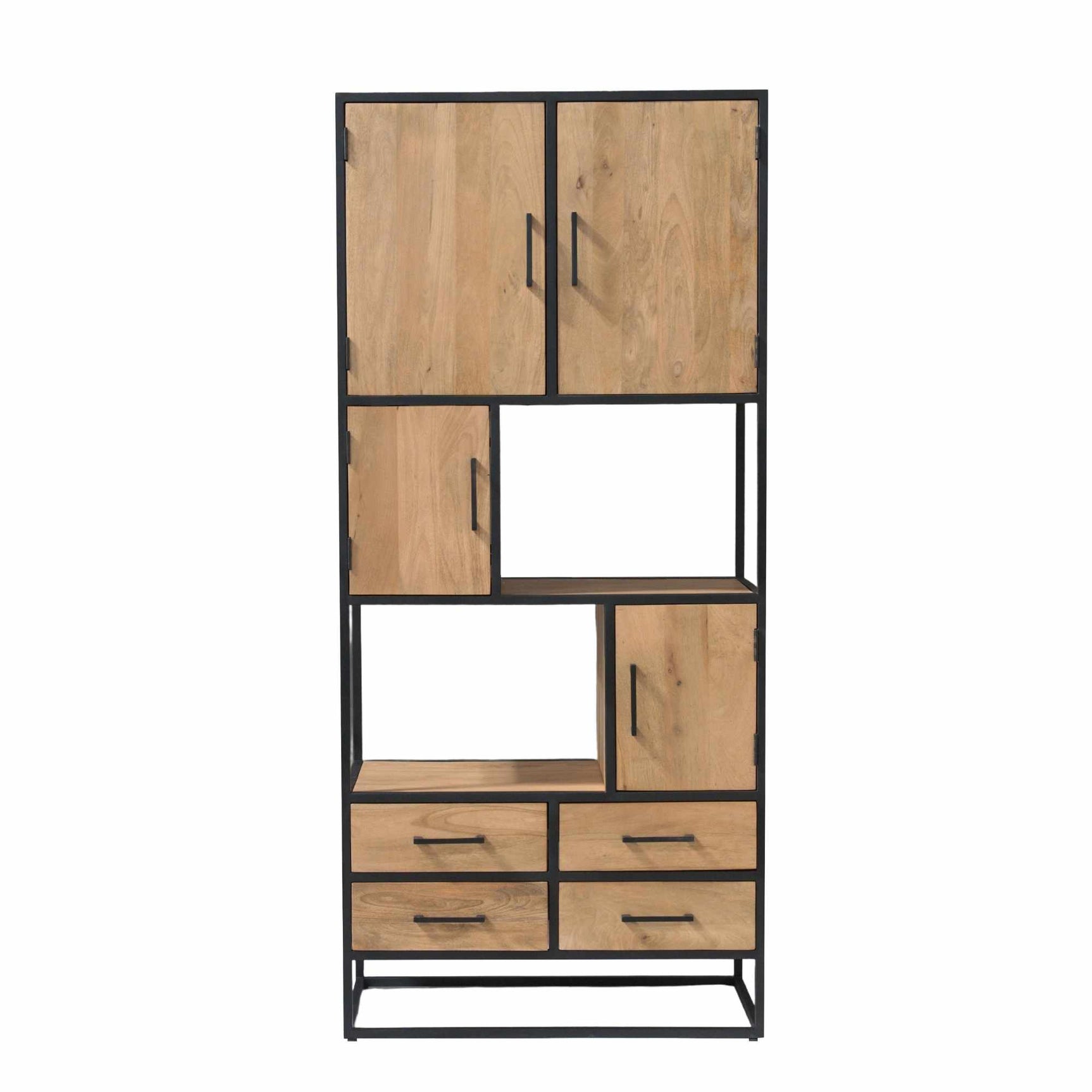 Vakkenkast Dakota met houten deuren, open vak en 3 lades, zwart metalen frame