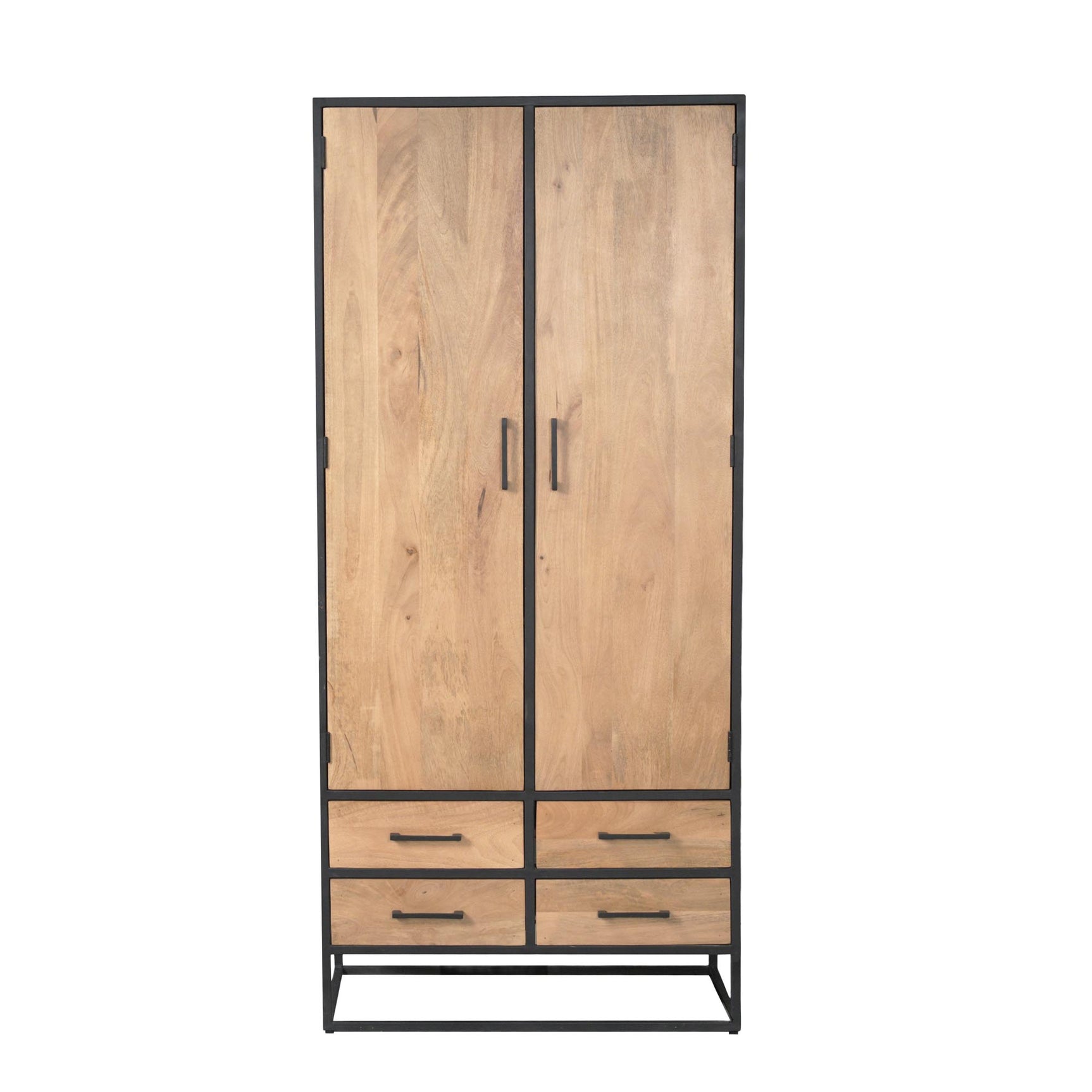 Kast Dakota 90 cm met eikenlook deuren, twee handgrepen, vier laden en zwart frame