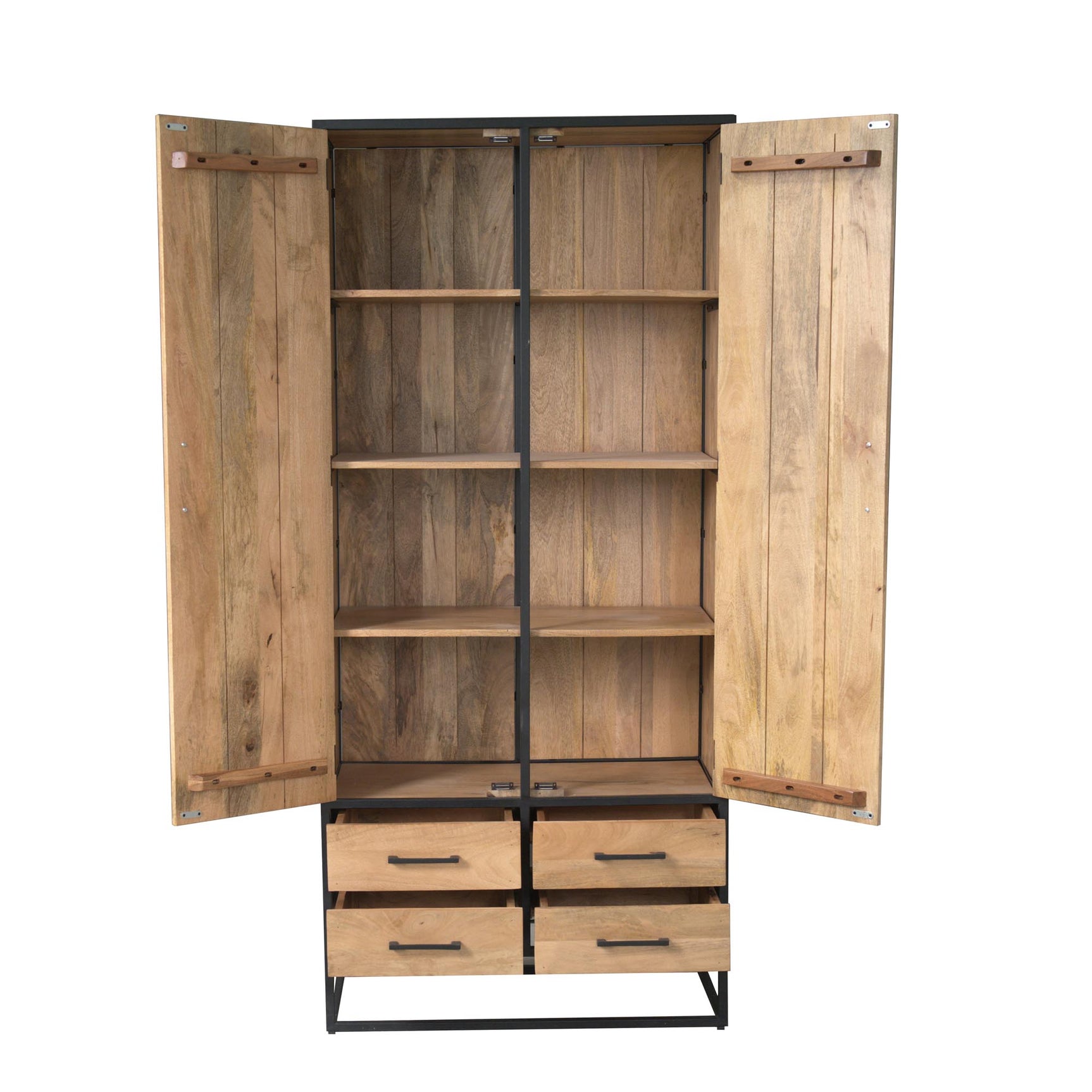 Kast Dakota 90 cm open: houten legplanken achter twee deuren en vier laden onder