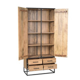 Kast Dakota 90 cm open met legplanken en vier lades onderaan, zwart metalen frame