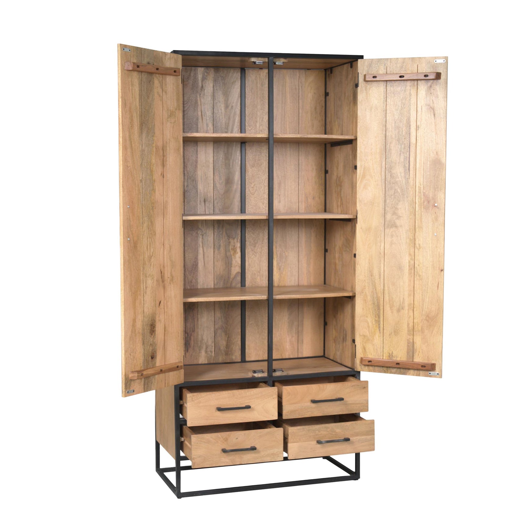 Kast Dakota 90 cm open met legplanken en vier lades onderaan, zwart metalen frame