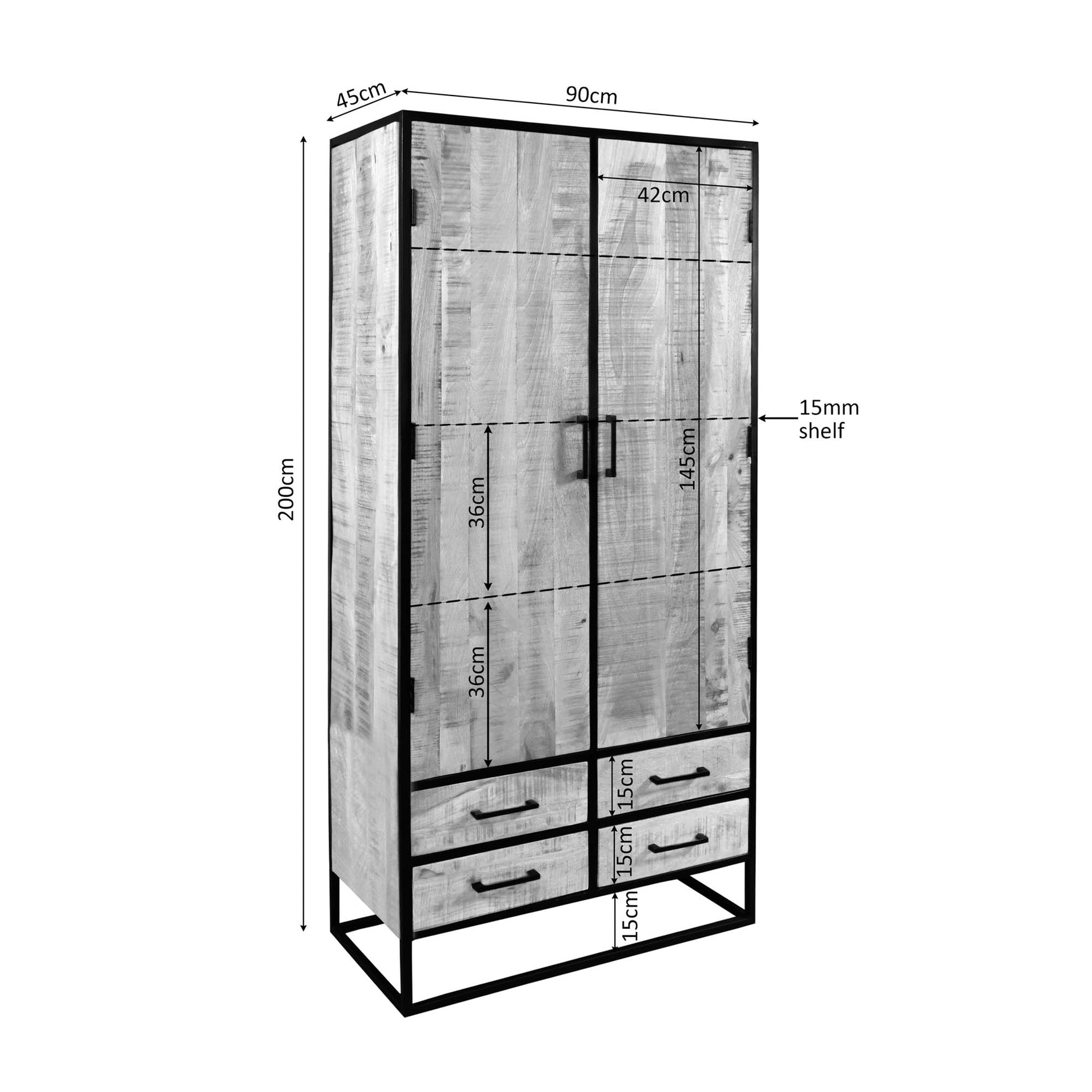 Kast Dakota 90 cm met afmetingen: planken en vier laden in de indeling