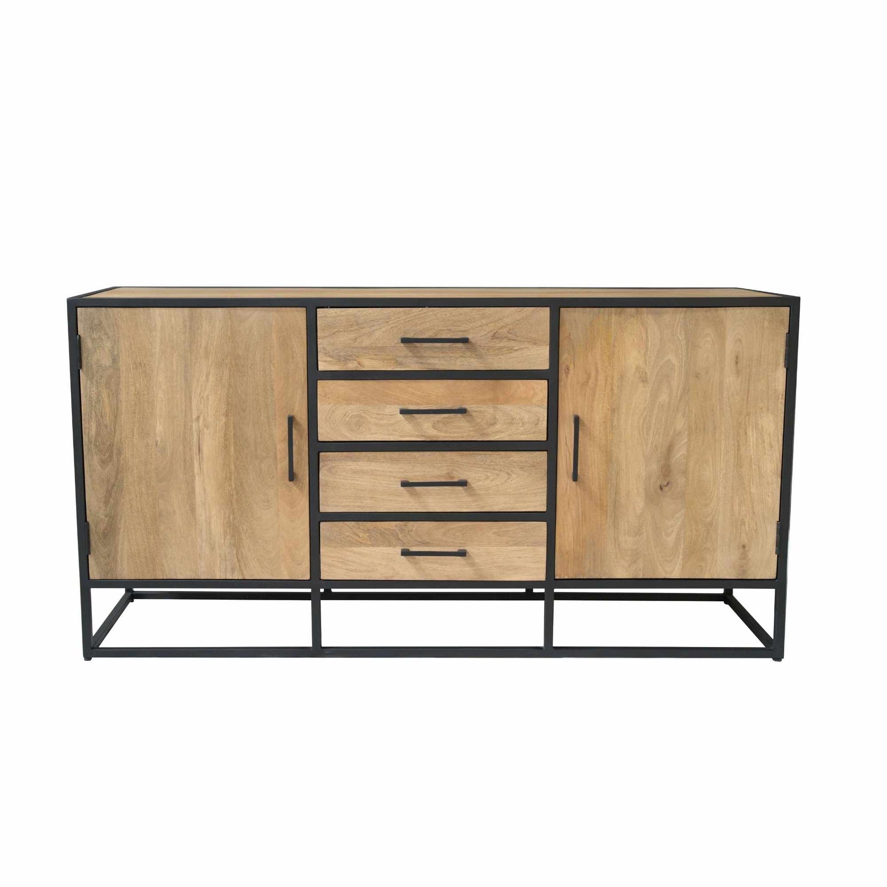 Dressoir Dakota met twee houten deuren, vier laden en zwart metalen onderstel.