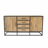 Dressoir met twee deuren en vier laden, houtlook panelen en zwart metalen frame.