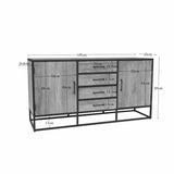 Dressoir met afmetingen (165 cm), twee deuren en vier laden, zwart metalen basis.