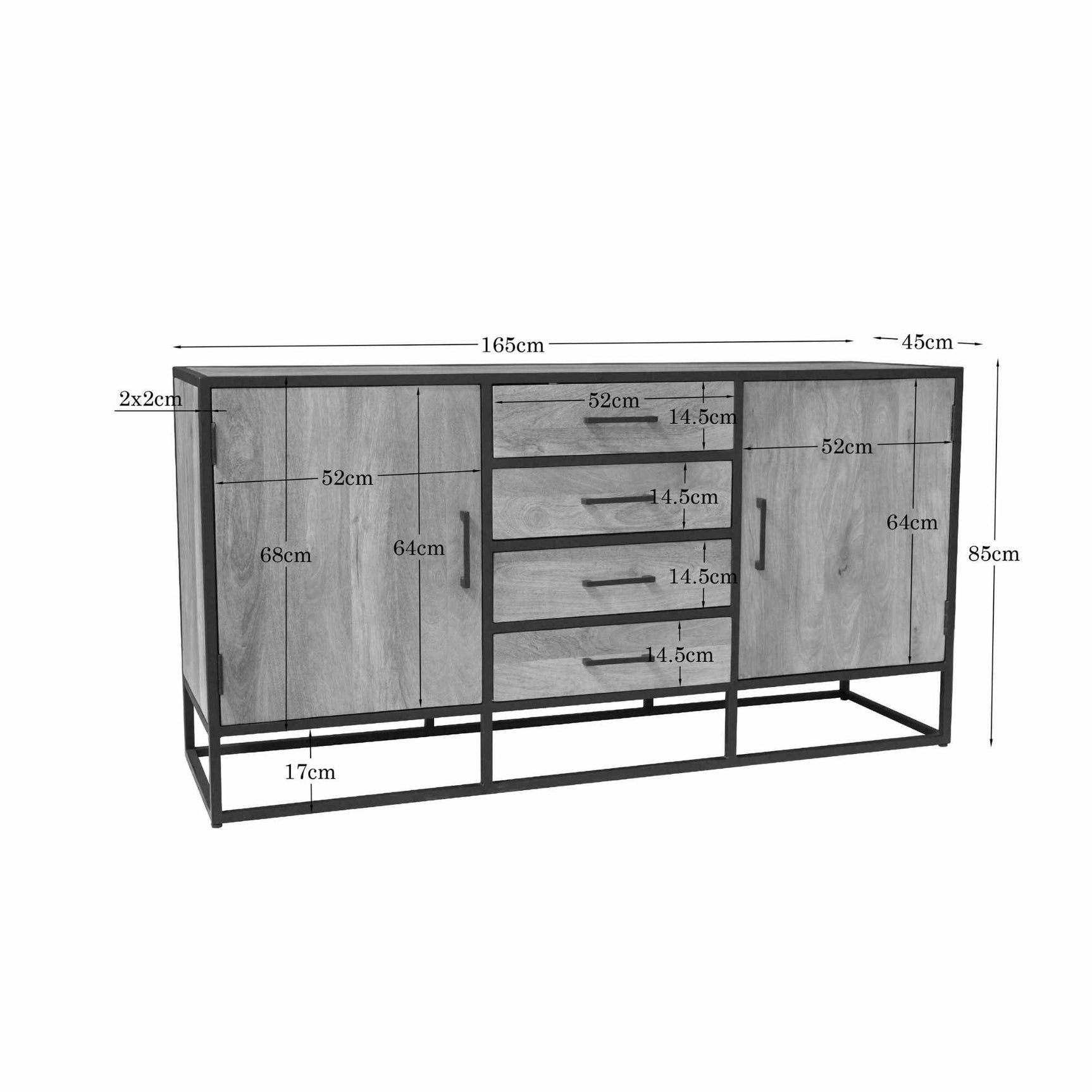 Dressoir met afmetingen (165 cm), twee deuren en vier laden, zwart metalen basis.