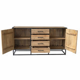 Dressoir met twee openklapdeuren, open vakken en vier laden in houtlook.