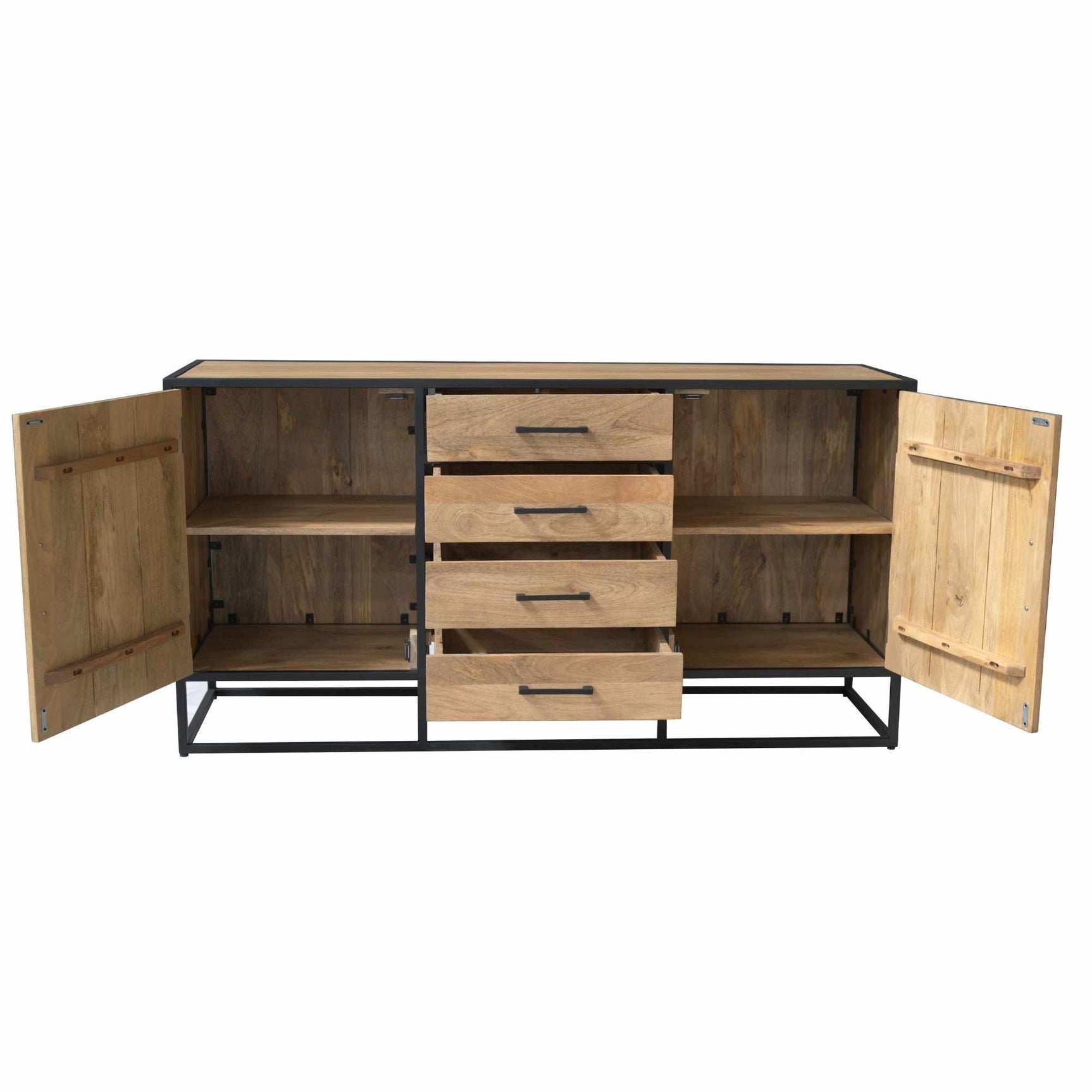 Dressoir met twee openklapdeuren, open vakken en vier laden in houtlook.