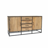 Dressoir met twee deuren en vier laden, houtlook front en zwarte metalen poten.