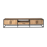 Tv-meubel Dakota 240 cm, bruin hout met zwarte metalen onderkant en twee deuren