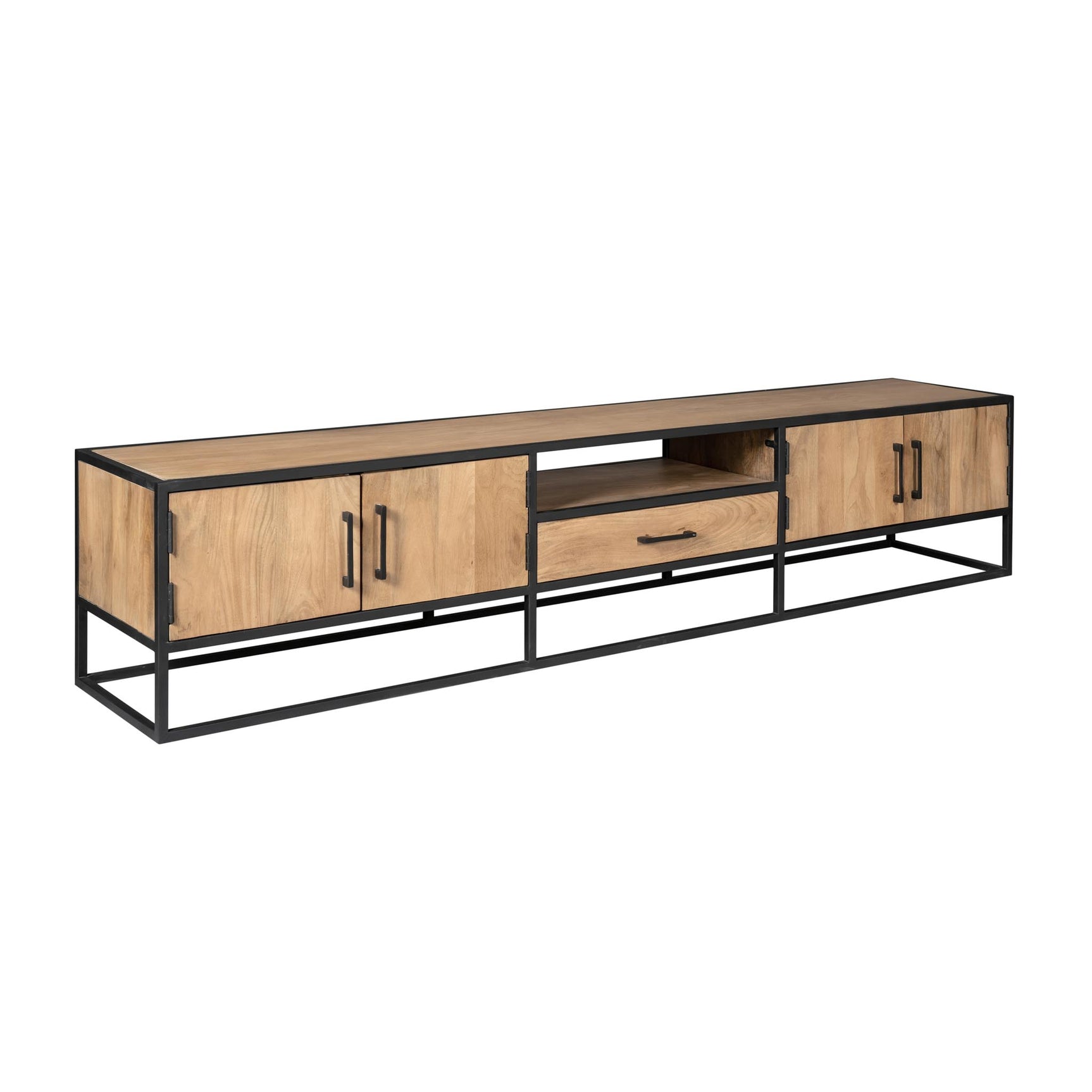Tv-meubel Dakota 240 cm met schuiflade en twee frontdeuren, zwarte metalen frame