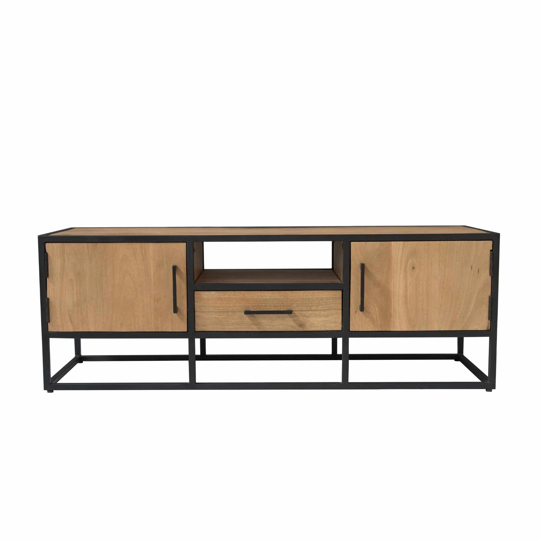 TV-meubel Dakota met twee deurtjes, centrale lade en open vak, zwart metalen frame