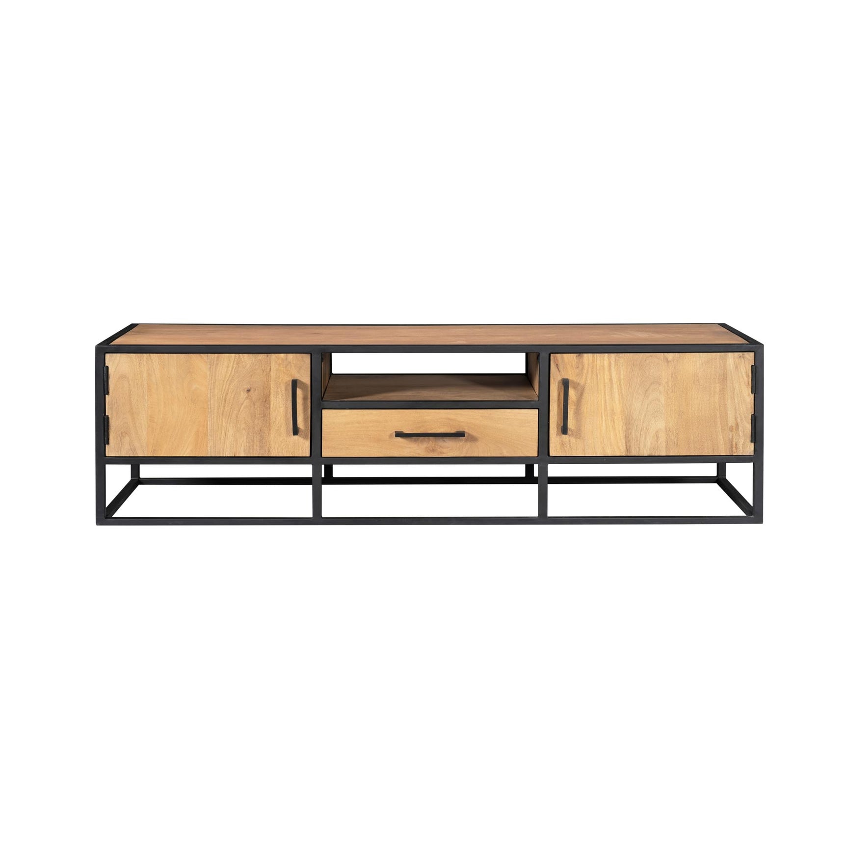 Tv-meubel met houten fronten, twee deuren en middenlade met zwart metalen frame.
