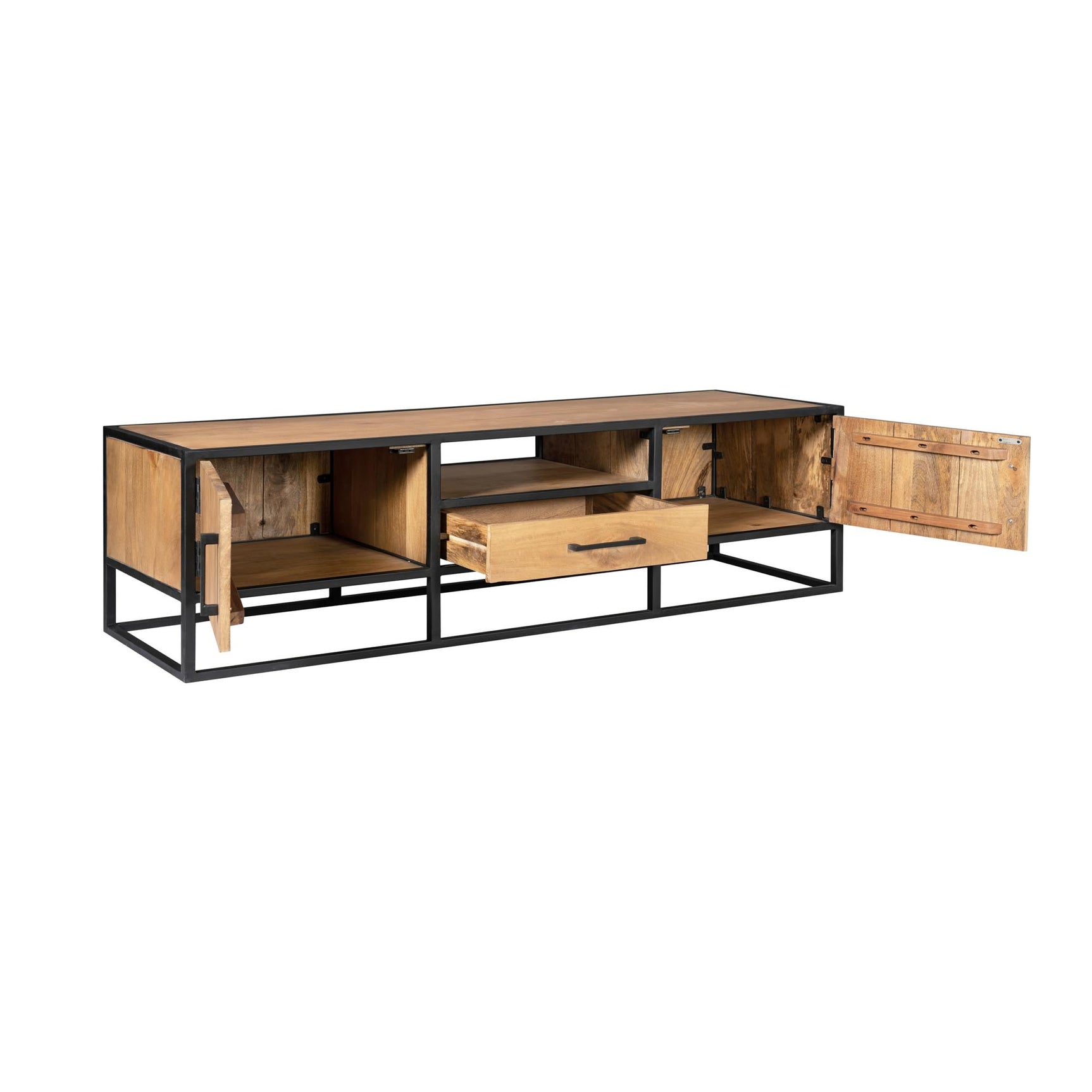 Tv-meubel met open opbergruimte achter deuren en centrale schuiflade, zwart metalen frame.
