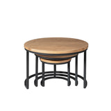 Set van 3 ronde salontafels met lichtbruin houten bladen en zwart metalen onderstellen