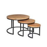 Nestelbare set van 3 ronde salontafels met houtkleurige bladen en zwarte metalen frames