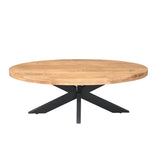 Ovale salontafel met licht eikenhouten blad en zwarte metalen kruispoten