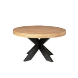 Ronde houten salontafel met licht eiken blad en zwarte kruispoten