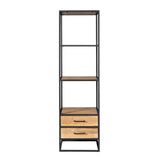 Boekenkast met metalen frame en twee laden, planken open vakken