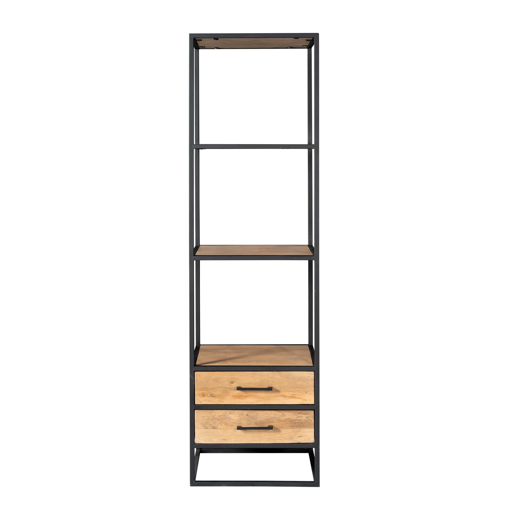 Boekenkast met metalen frame, open vakken en twee laden in houten look
