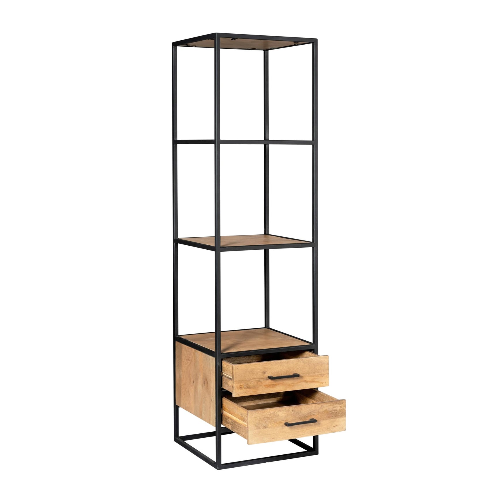 Boekenkast met metalen frame en twee laden, zijaanzicht met open vakken