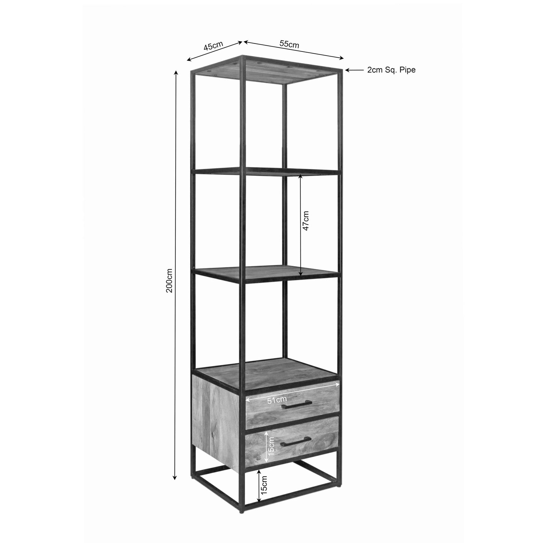Boekenkast met metalen frame, twee laden; afmetingen 200×45×55 cm
