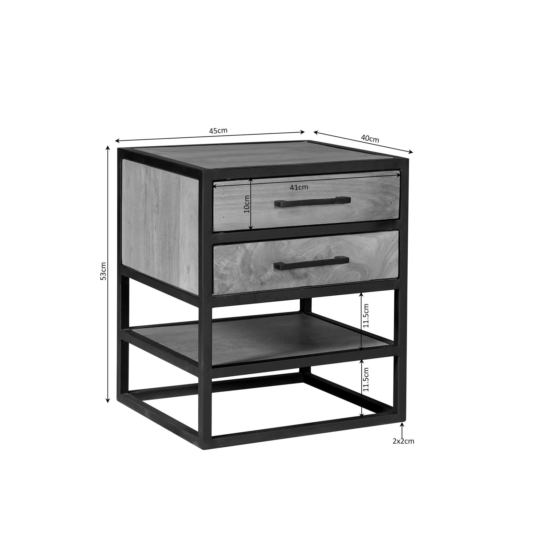 Nachtkastje met afmetingen 45 cm breed en twee lades, zwart frame