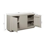 Dressoir met open deuren en afmetingen, interieur met planken en 3 opbergvakken.