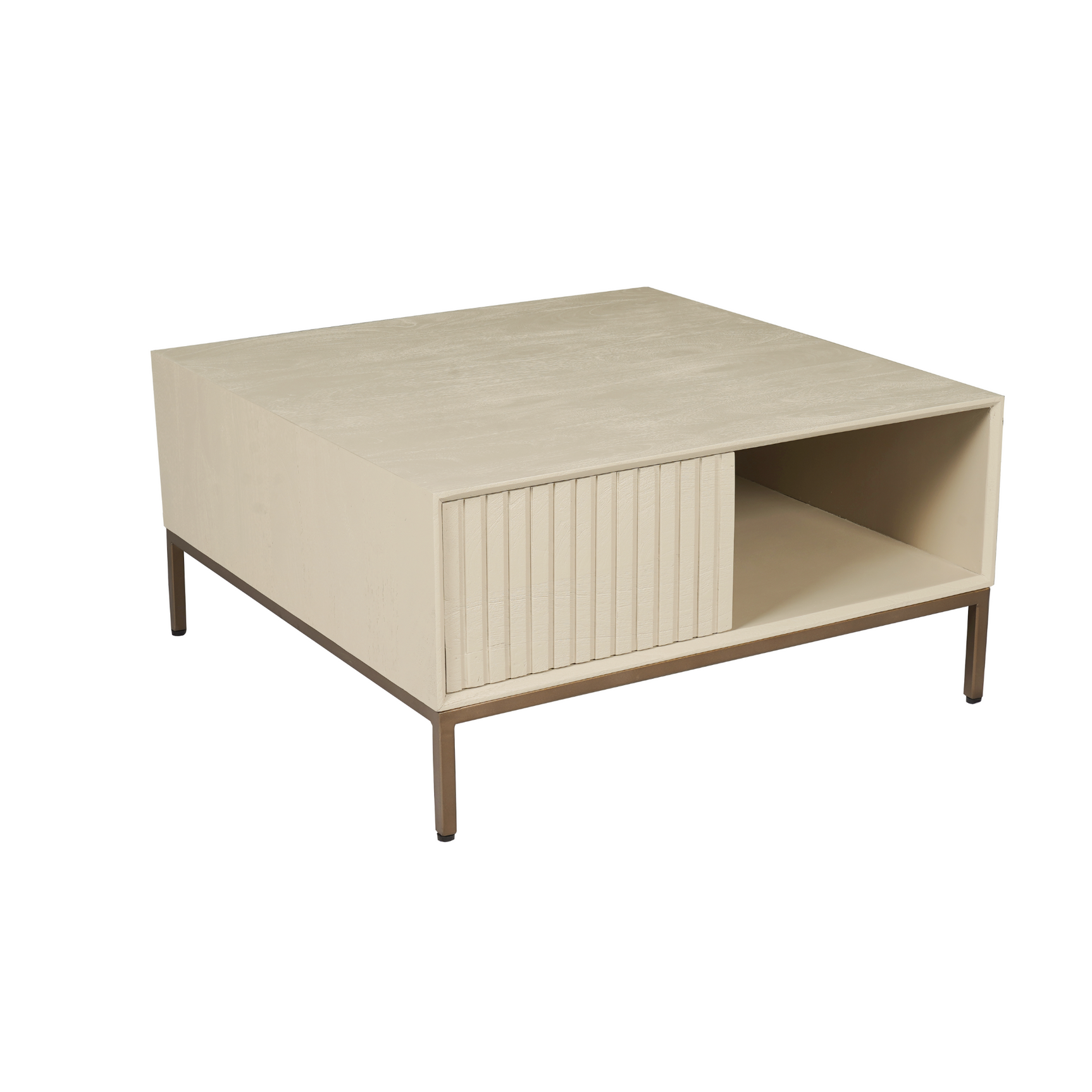 Vierkante salontafel met lade, zandkleurig hout, open compartiment, houten poten