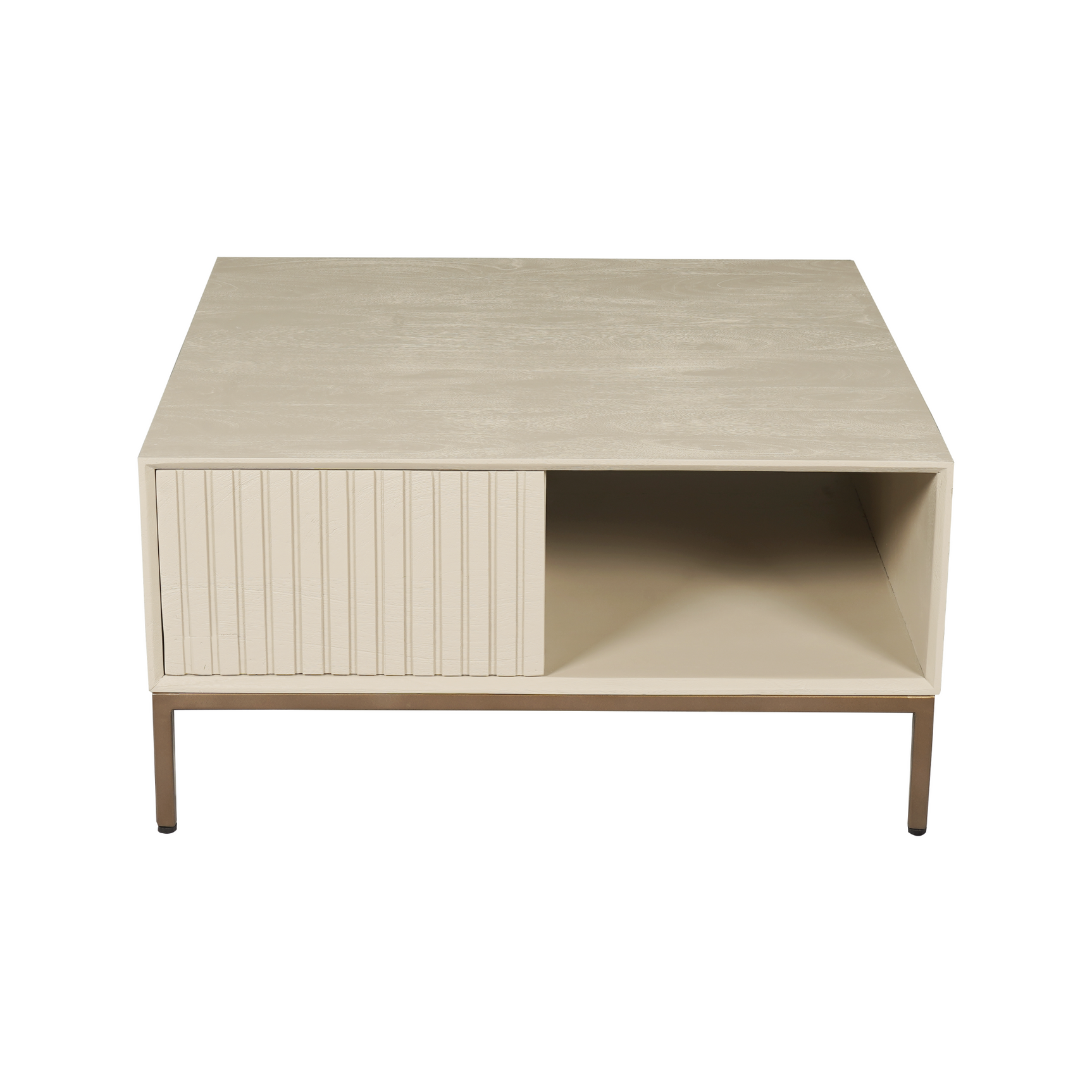 Vierkante salontafel zandkleur met lade en open opbergvak aan de zijkant, houten poten.