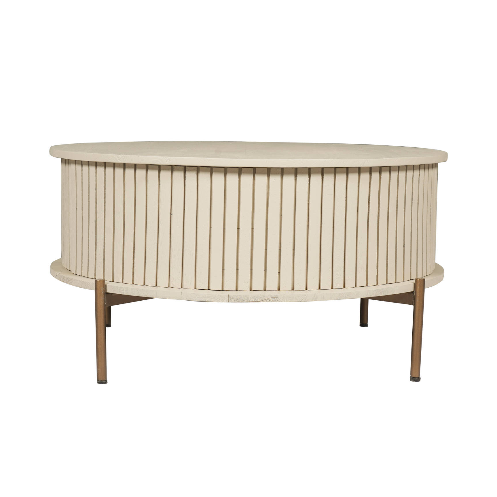 Ronde salontafel met zandkleurig blad, verticale lamellenfront en houten poten