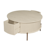 Ronde salontafel met open zijcompartimenten, verticale lamellen en zandkleurige zijkant