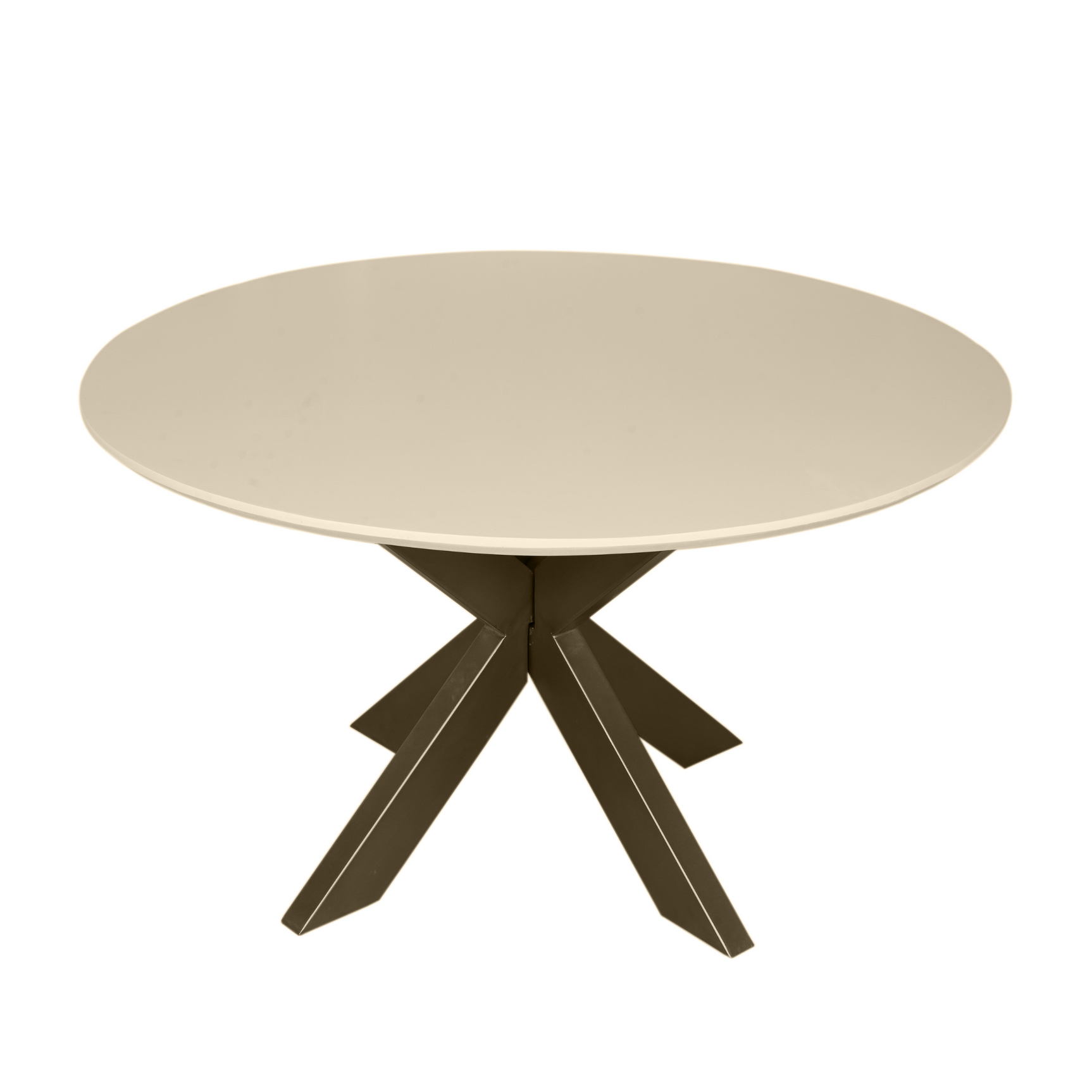 Ronde eettafel met zandkleurig blad en donker onderstel in X-vorm