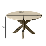 Ronde eettafel met zandkleurig blad; 130 cm diameter en 76 cm hoogte