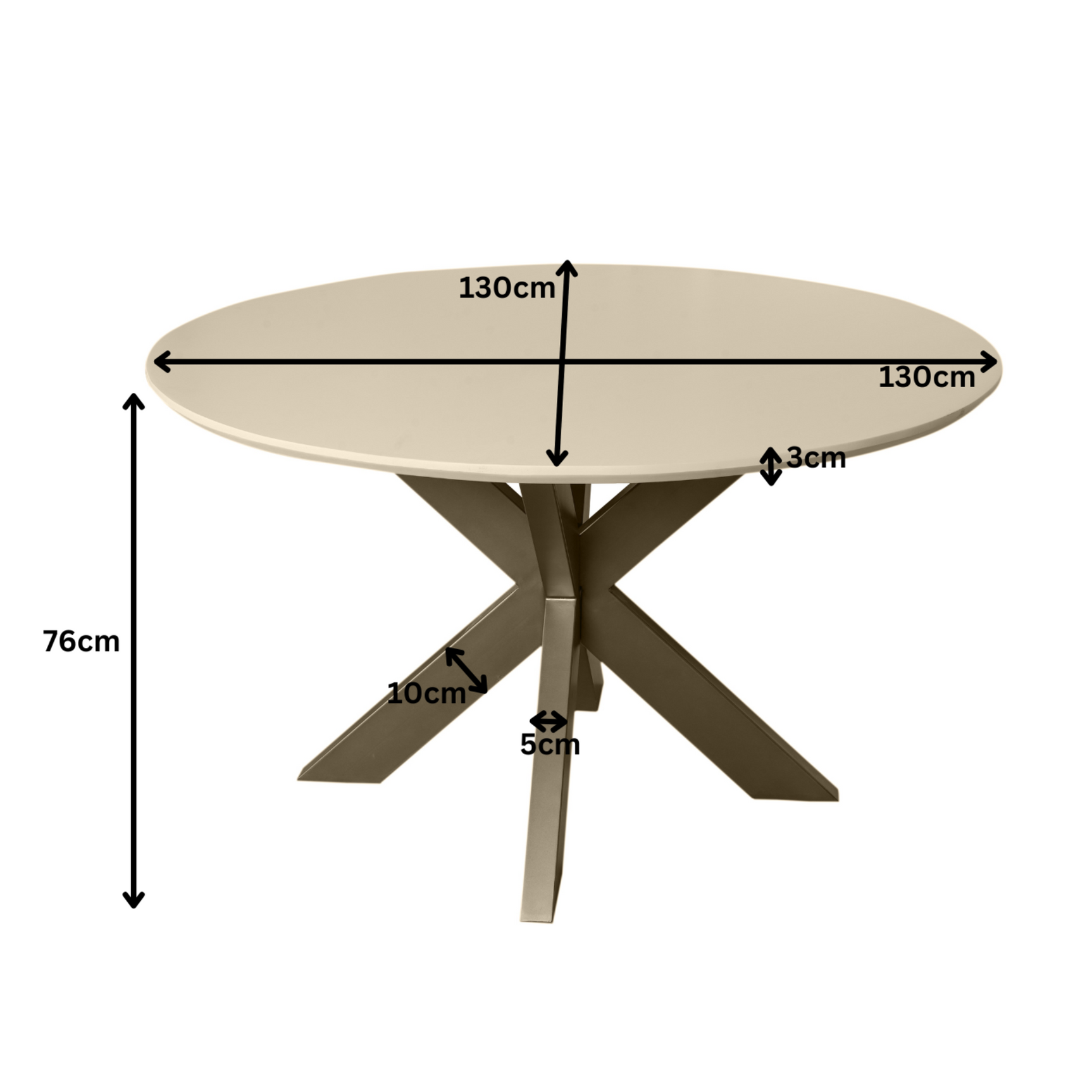 Ronde eettafel met zandkleurig blad; 130 cm diameter en 76 cm hoogte