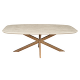 Eettafel met ovale zandkleurig blad en houten kruispoot, 160 cm.