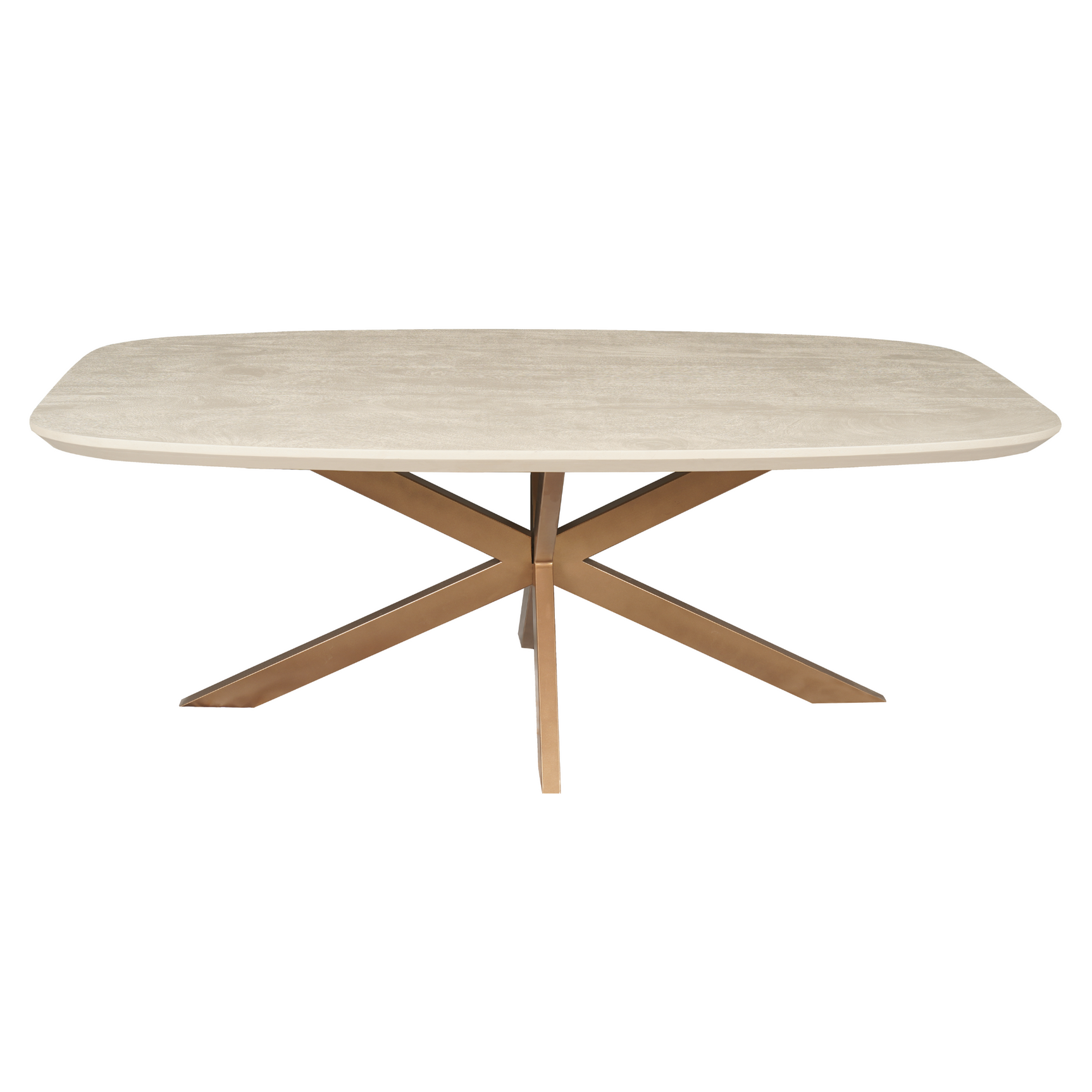 Eettafel met ovale zandkleurig blad en houten kruispoot, 160 cm.